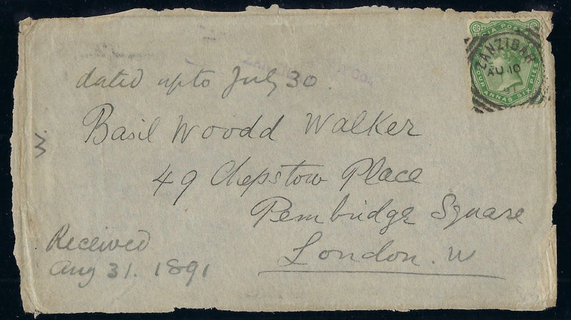 Zanzibar 1891 cover FRONT to 'Basil Wood Walker SGZ70