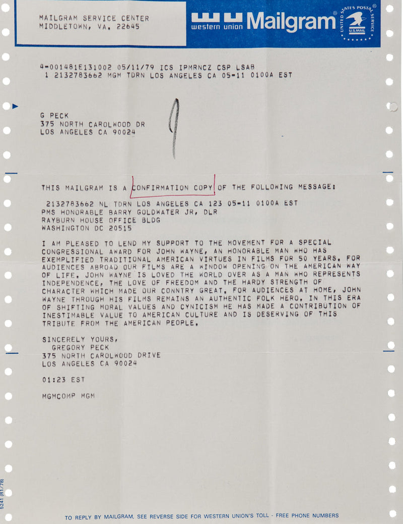 Gregory Peck handwritten letter to John Wayne