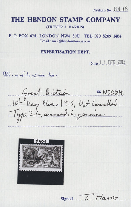 Great Britain 1915 10s blue "Seahorses", SG412var