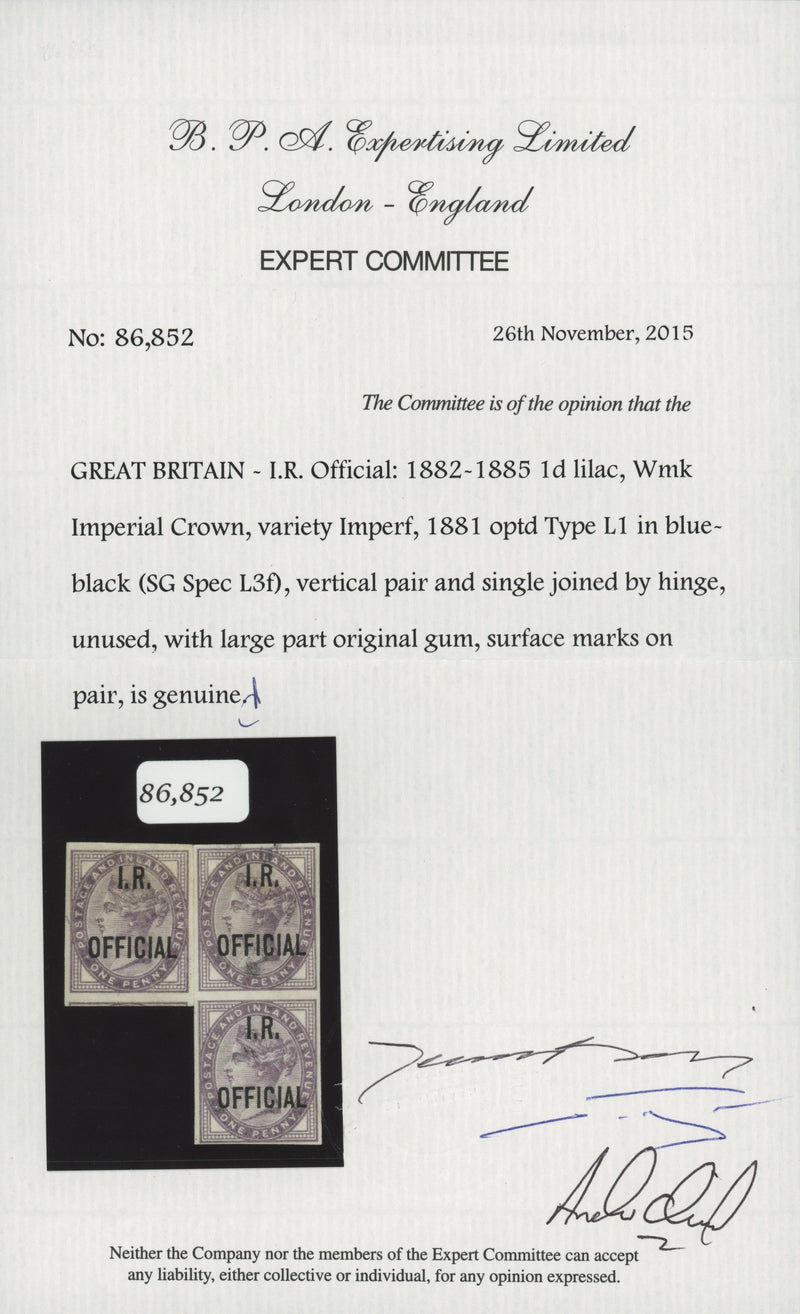 Great Britain 1882 1d lilac (I.R. Official Die II), SGO3ca