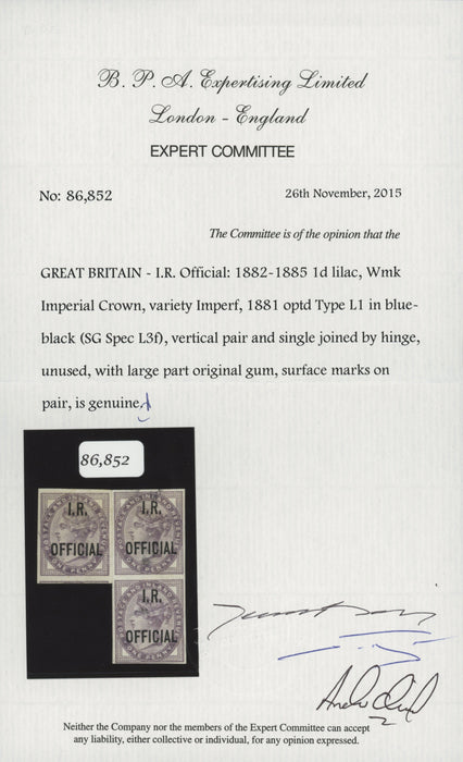 Great Britain 1882 1d lilac (I.R. Official Die II), SGO3ca