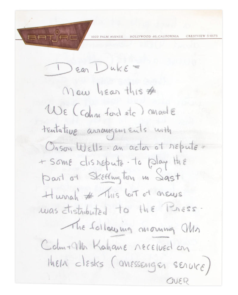 John Ford handwritten letter to John Wayne