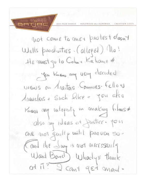 John Ford handwritten letter to John Wayne