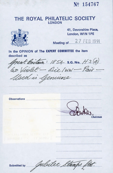 Great Britain 1854 6d violet (Watermark inverted), SG61wj