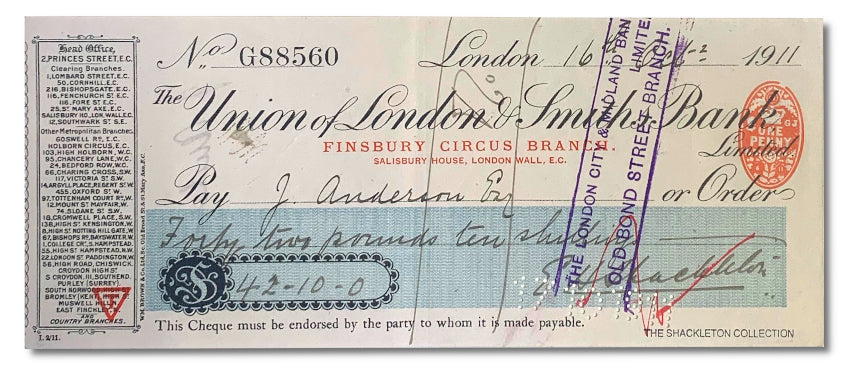 Ernest Shackleton signed bank cheque