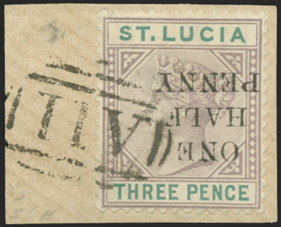 ST LUCIA 1891-92 ½d on 3d dull mauve and green error, SG56b