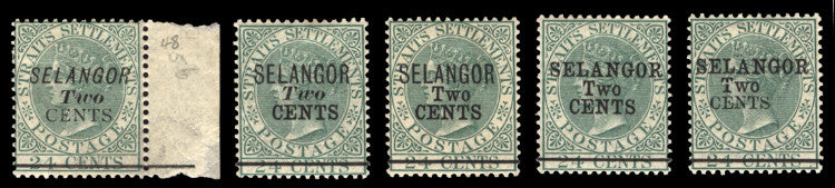 Malaya - Selangor 1891 2c on 24c green, set of 5 surcharges, SG44/8
