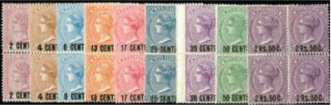 Mauritius 1878 (1 Jan) new currency surcharges set of 9 to 2r50 on 5s, in blocks of four. SG83/91