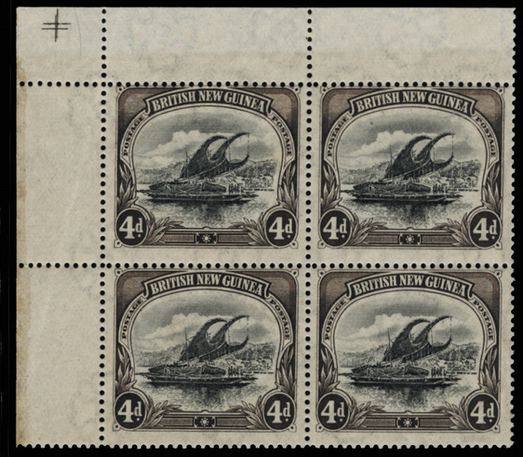 Papua 1901-05 4d black and sepia, upper left corner block of 4, SG13b