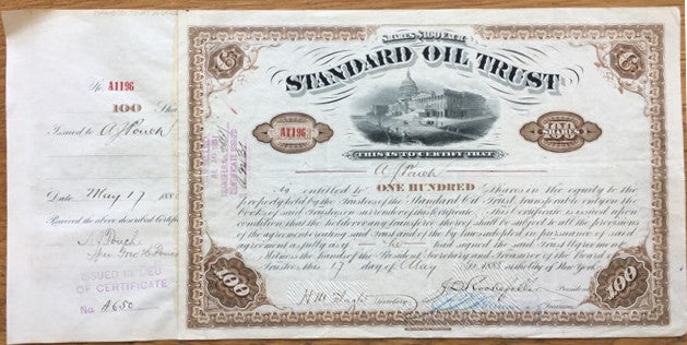 JD Rockefeller signed Standard Oil stock certificate
