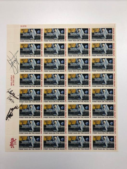 Apollo 11 crew signed 1969 "First Man on the Moon" stamp block