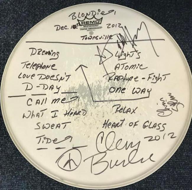 Blondie signed and concert used drum skin