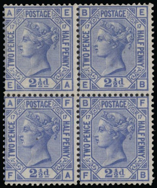 Great Britain 1880 2½d blue, plate 17. SG142