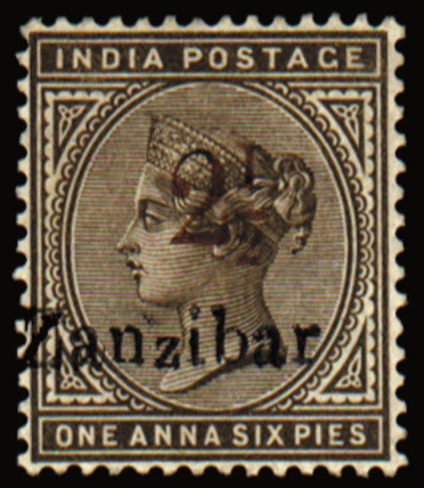 Zanzibar 1896 (15 Nov) '2½' (type 6) on 1½a sepia, SG29kvar