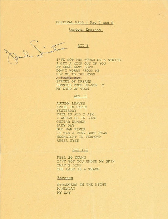 Frank Sinatra Signed Set list 