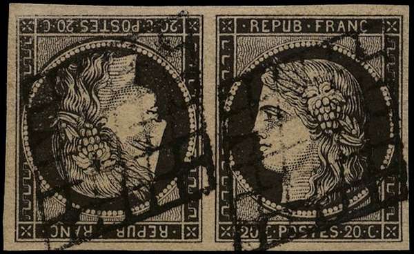 France 1849-52 20c black Ceres horizontal pair, SG23