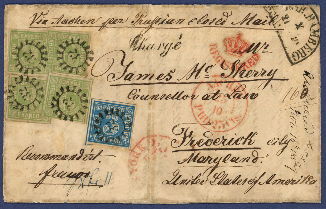 Bavaria 1857 letter from Bamberg, Bavaria to Frederick City, Maryland, US