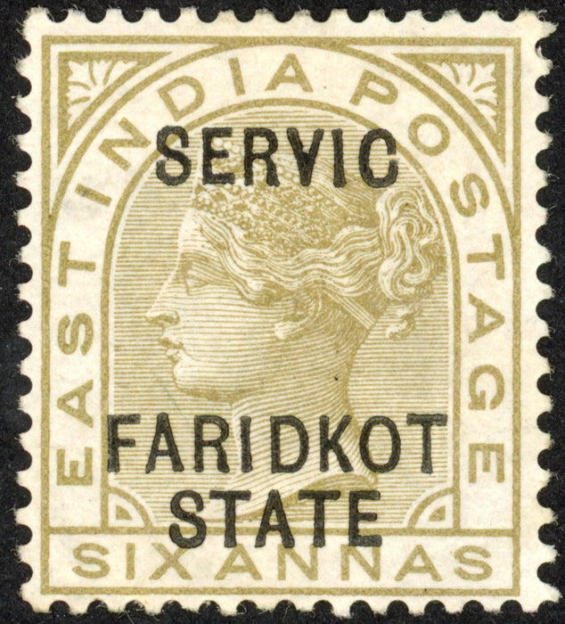 I.C.S. Faridkot 1887-98 6a olive-bistre Official error, SGO10b