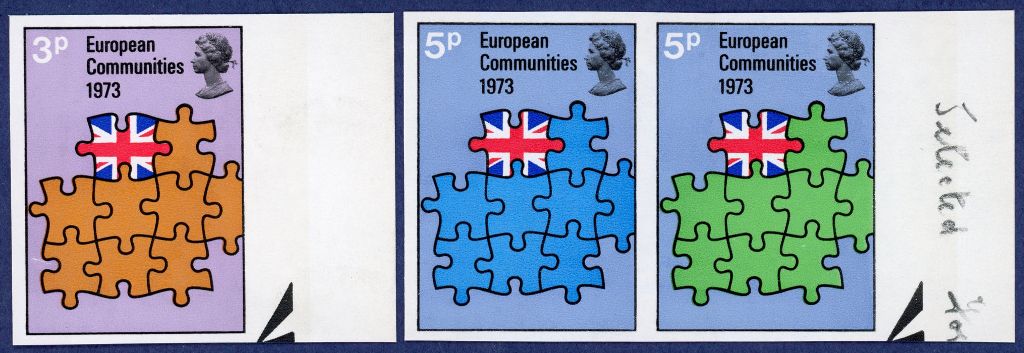Great Britain 1973 3p-5p "Britain's Entry into European Communities" (EEC) imprimaturs, SG919/21var