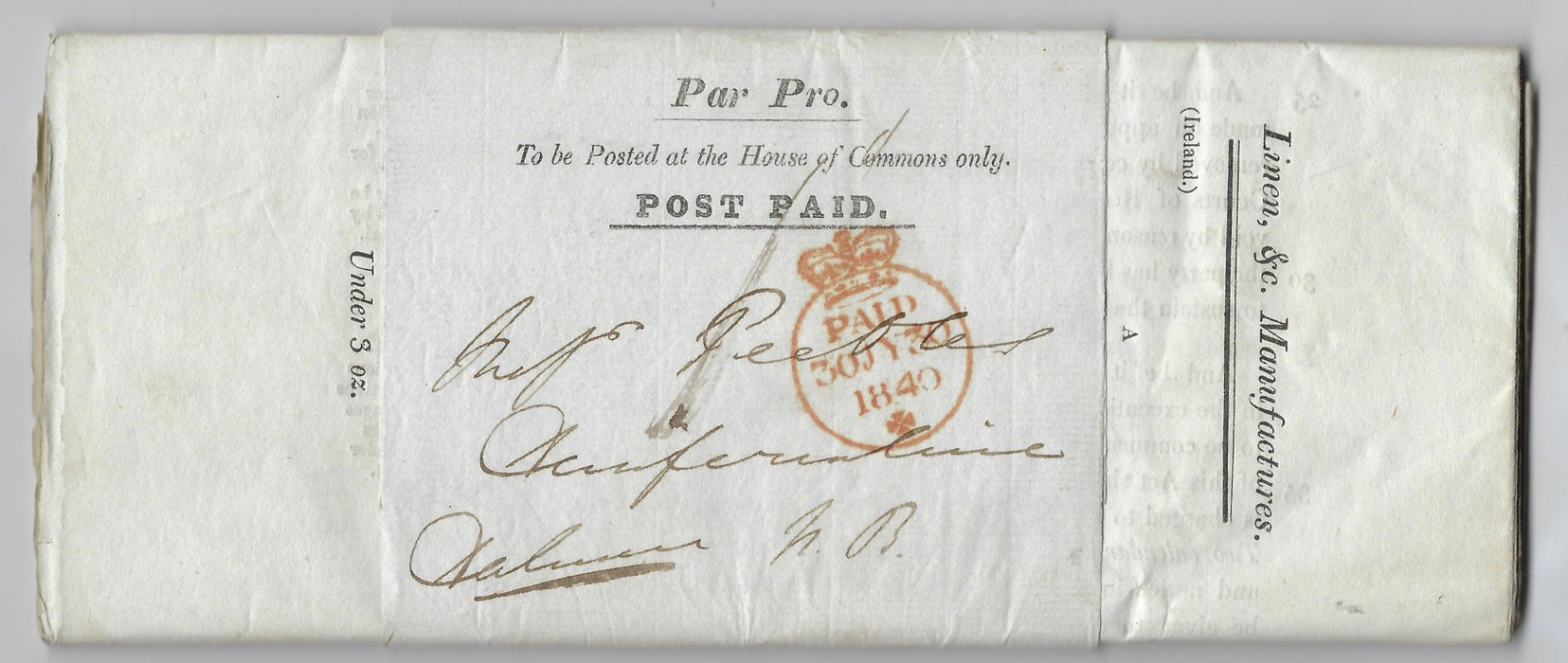 Great Britain 1840 "POST PAID" House of Commons wrapper.