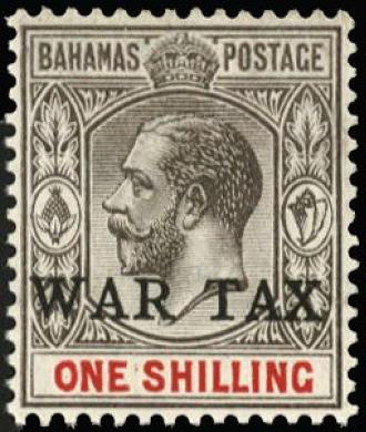 Bahamas 1918 'WAR TAX' 1s grey-black and carmine SG95