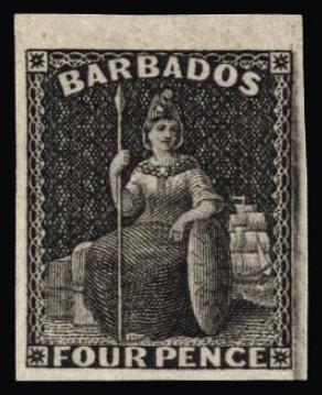 Barbados 1874 Britannia 4d imperforate plate proof in black on wove SG68