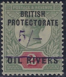 Niger Coast 1893 (Dec) 5s on 2d grey-green and carmine SG40