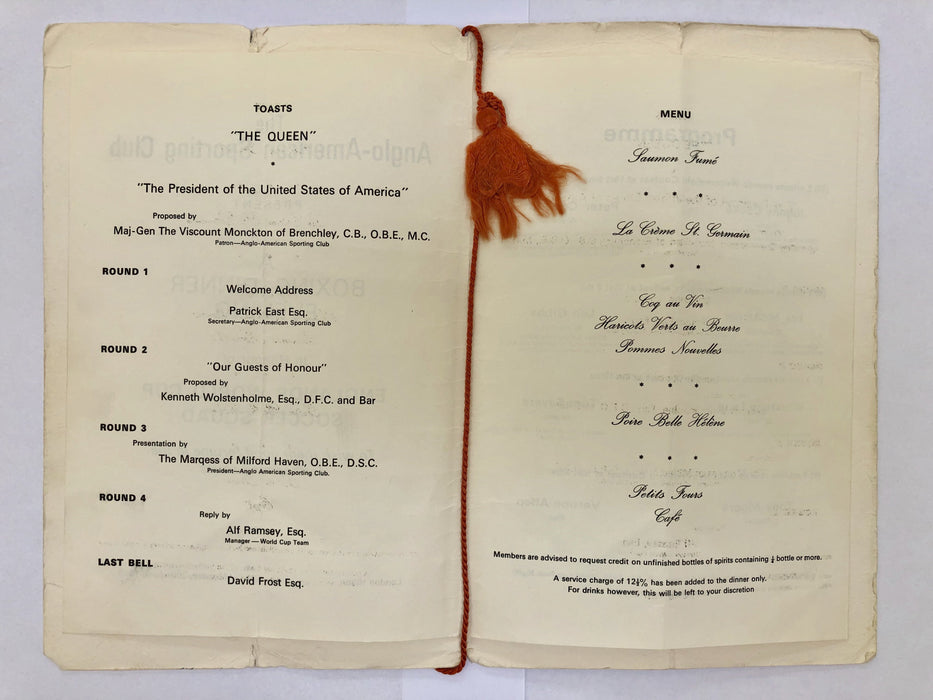 1966 England World Cup Squad Autographed Menu