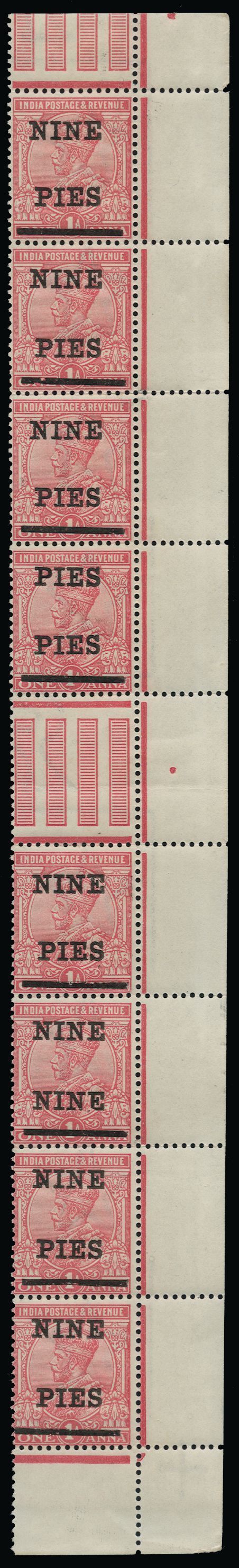 India 1921 "NINE PIES" on 1a rose-carmine SG192a/b