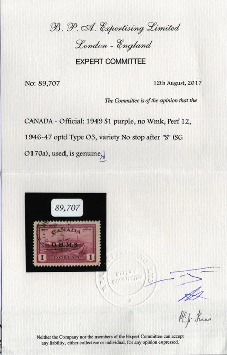 Canada 1949 $1 purple Missing stop after S used, SGO170a