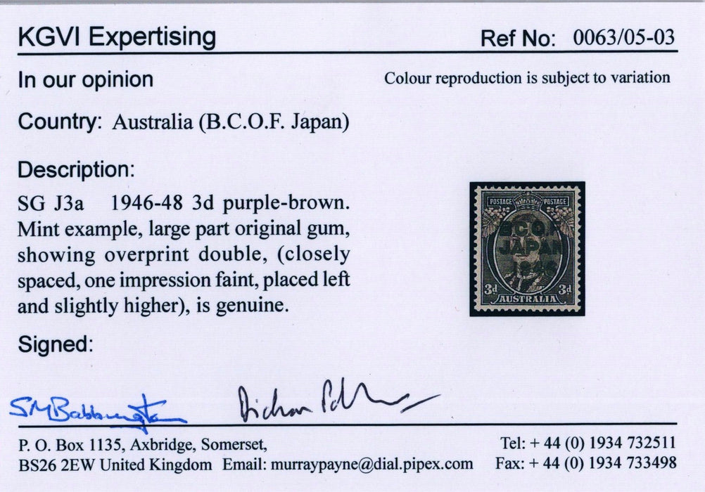 Australia BCOF 1946-47 3d purple-brown error opt double, SGJ3a
