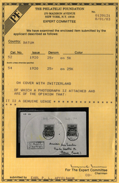 Batum 1920 Reg Cover to Swit SG 42a, 43a