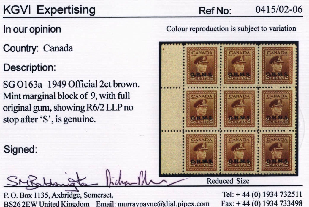 Canada 1949 2c brown Missing stop after "S", SGO163a