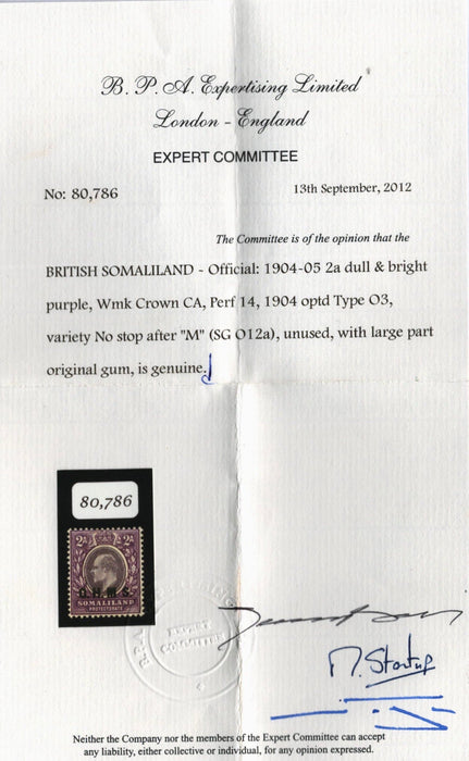 SOMALILAND PROTECTORATE 1904-05 2a dull and bright purple Official, variety, SGO12a