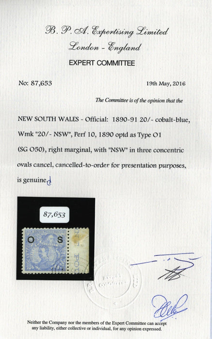 Australia New South Wales 1890-91 20s cobalt-blue Official, SGO50