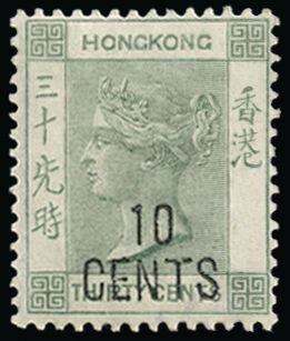 Hong Kong 1898 10c on 30c grey-green SG54