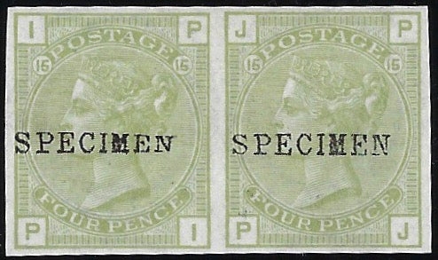 Great Britain 1877 4d Sage green Plate 15 Specimens, SG153var