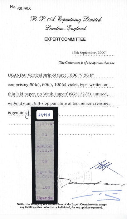 Uganda 1896 (June) Typewritten 'V.96.R (type 3) 50(c)+60(c)+100(c), SG51/3