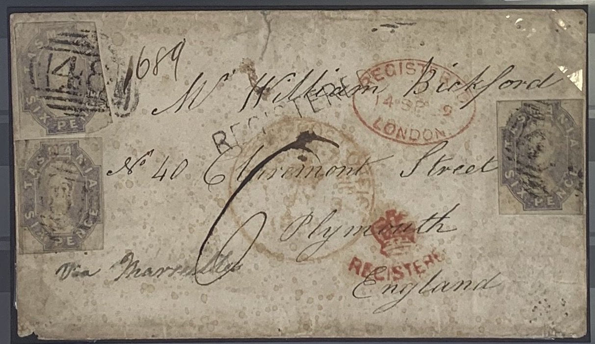 1859 (July 13) solid cover to England with imperf 6d dull slate-grey SG44