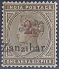 Zanzibar 1896 (15 Nov) '21/2' (type 6) on 1 1/2a sepia. SG29kvar