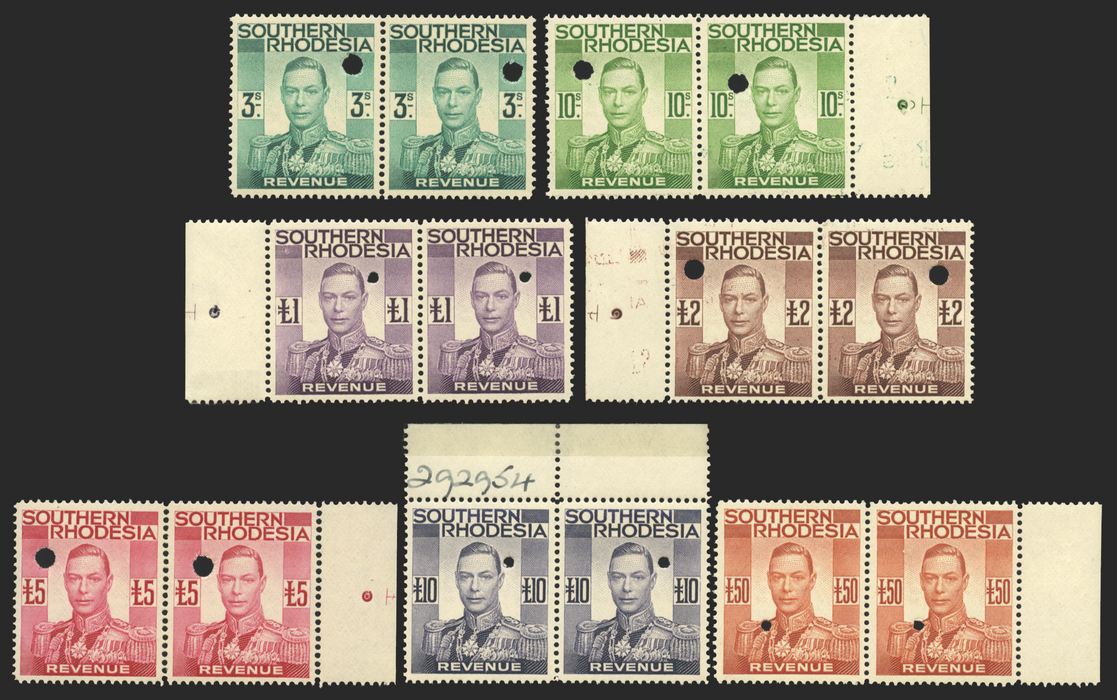 SOUTHERN RHODESIA 1937 3s, 10s to £10, £50 Revenues