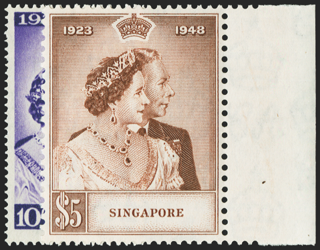 SINGAPORE 1948 Royal Silver Wedding 10c and $5, SG31/2