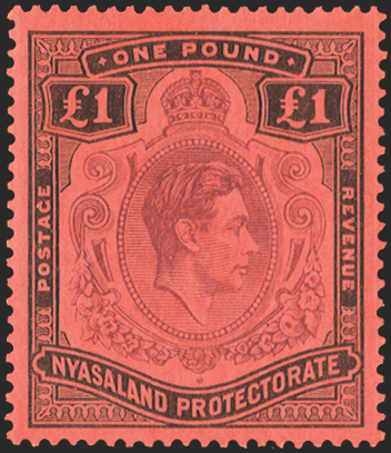 NYASALAND 1938-44 £1 purple and black on red, variety, SG143c