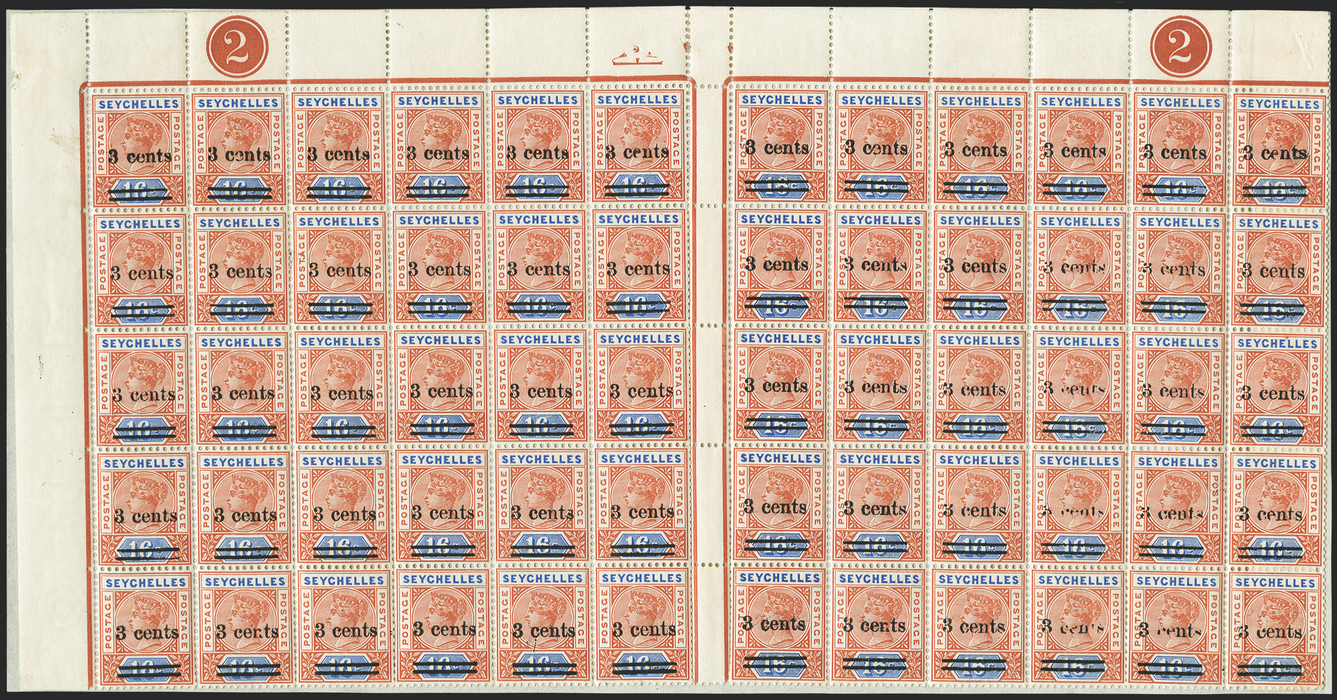 SEYCHELLES 1901 3c on 16c chestnut and ultramarine, SG38