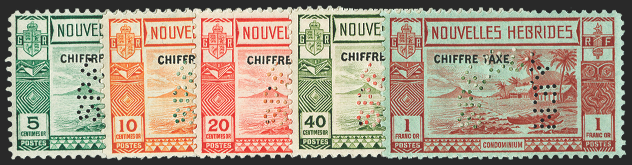 NEW HEBRIDES 1938 French Issue set of 5 to 1fr Postage Dues SPECIMENS, SGFD65s/9s