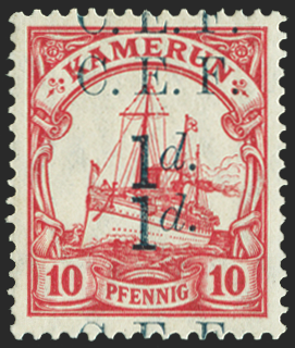CAMEROON 1915 1d on 10pf carmine surcharge error, SGB3b