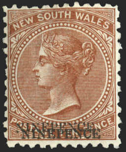 AUSTRALIA NEW SOUTH WALES 1882-97 9d on 10d red-brown error, SG236dca