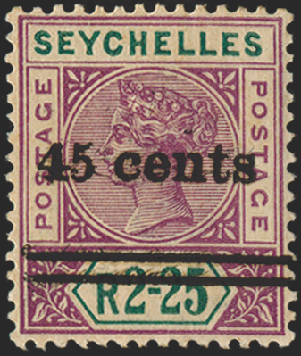 SEYCHELLES 1902 45c on 2r25 bright mauve and green variety, SG45a