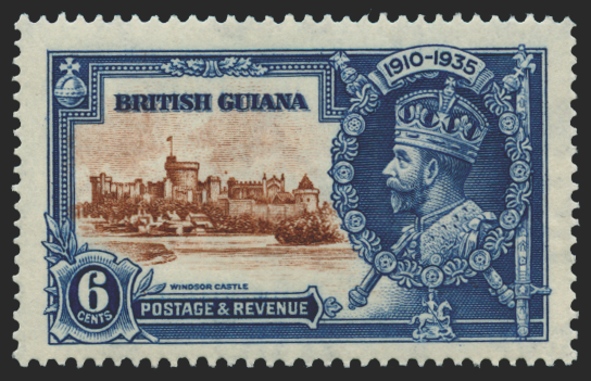 BRITISH GUIANA 1935 Silver Jubilee 6c brown and deep blue (UNUSED), SG302g