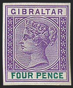 GIBRALTAR 1898 4d imperforate colour trial in violet and blue-green, SG43